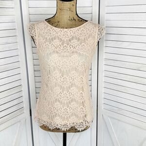 The Limited Scandal Collection Lace V Back Blouse Tan Nude Small Cap Sleeve